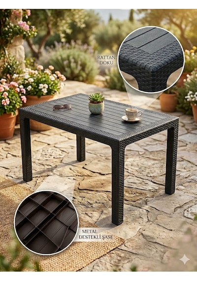 Evko Mobilya Rattan 80x140 Masa, Plastik Masa, Bahçe Balkon Teras Masası, Kare Masa, Dış Mekan Masası Acı Kahverengi