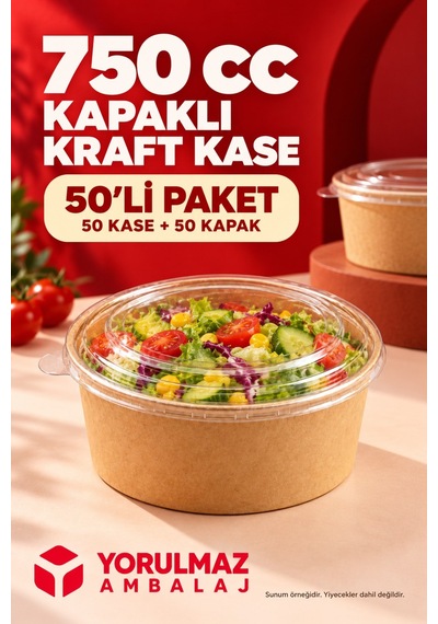 750 Cc Kapaklı Kraft Salata Kase 50'li Sıcak Soğuk Gıdaya Uygun Sızdırmaz Kap