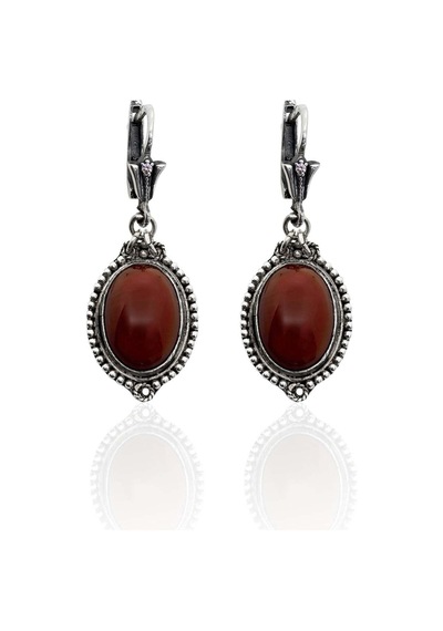 Oya Silver Vintage Doğal Oval Akik Taşlı Gümüş Kadın Küpe 4.6x1.8 Cm