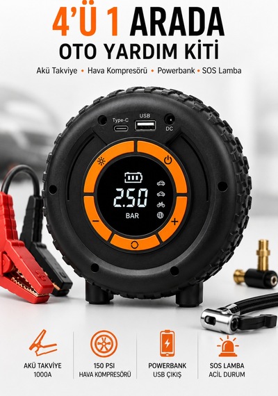 Akü Takviye Cihazı 1000a Jump Starter 150 Psı Lastik Şişirme Kompresörü Powerbank Led Fener
