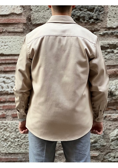 Oversize Gabardin Pamuklu Hediye Kutulu Erkek Ceket Gömlek Fs-003868 - Bej-2554