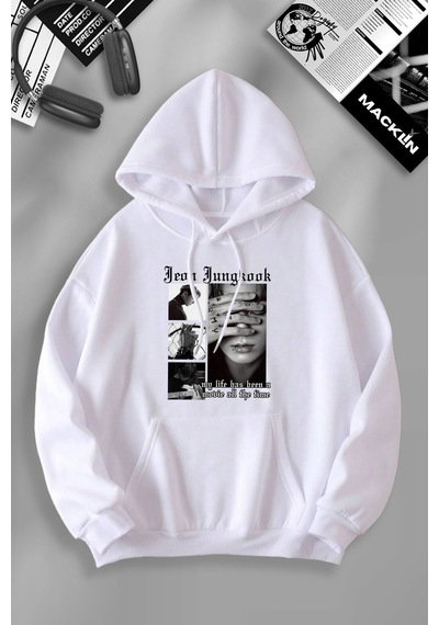 Macklin Unisex Kadın Erkek Jeon Jungkook Bts Özel Tasarım Baskılı Kapşonlu Sweatshirt Beyaz Mck1150 Beyaz