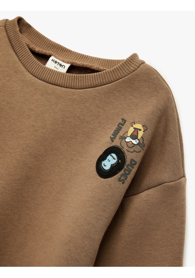 Koton Baskılı Uzun Kollu Bisiklet Yaka Şardonlu Sweatshirt Kahverengi 6wmb10202tk Kahve