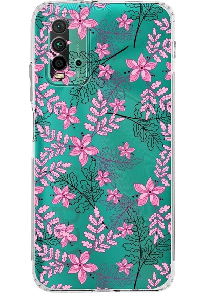 Xiaomi Redmi 9t Kamera Korumalı Kapak Floral Pembe Tasarımlı Şeffaf Kılıf
