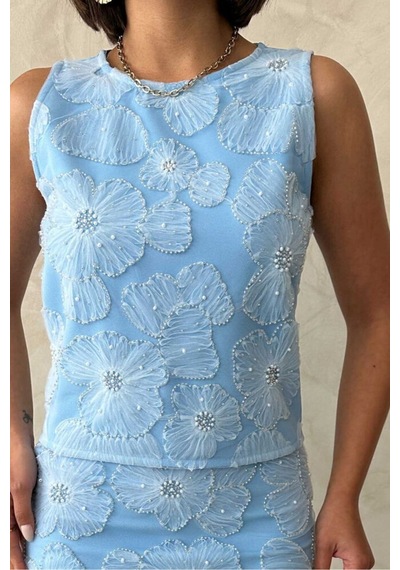 Verymoda Boncuk İşlemeli Kolsuz Bluz - D2769 Mavi
