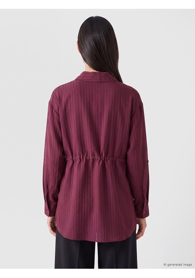 Lcw Everyday Bordo Beli Bağcıklı Çizgili Kadın Gömlek Tunik