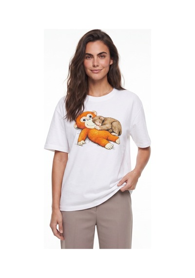 Onloox Kadın Beyaz Beyaz Pamuklu Bisiklet Yaka Kısa Kollu Oversize Maymun Punch Baskılı Relaxed Fit T-shirt