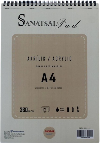 Sanatsal Pad Akrilik Boya Defteri A4 360gr 12 Yaprak Spiralli