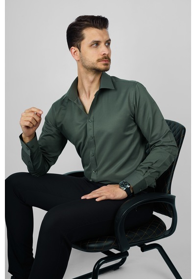 Yeşil Saten Slimfit Erkek Gömlek Yeşil