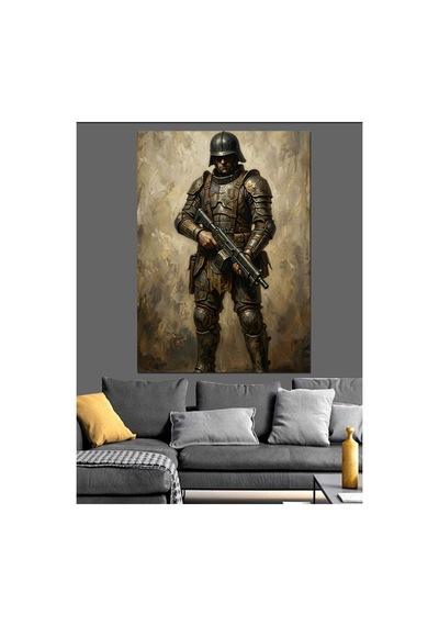 Silahlı Ve Tam Teçhizatlı Asker Yağlı Boya Dokulu Kanvas Tablo Canvas Tablosu