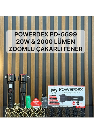 Powerdex Pd-6699 El Ve Kamp Feneri 20w, 2000 Lümen, 6000mah Batarya, Su Geçirmez, Çok Fonksiyonlu Siyah