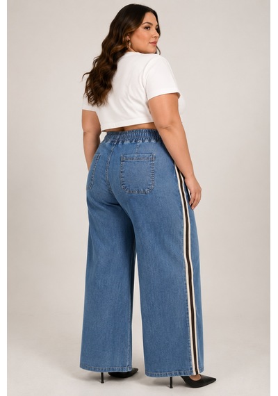 Zanessi Fashıon Büyük Beden Denim Spor Şerit Detaylı Bol Paça Kadın Pantolon Mavi