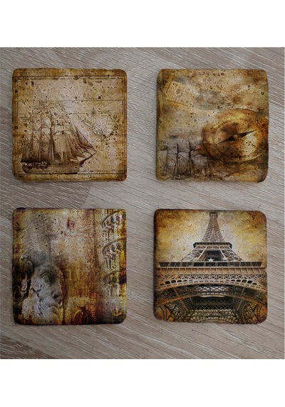 Kolaj Rönesans Eyfel Kulesi Ve Eski Savaş Gemisi Doğal Taş Bardak Altlığı 4'lü Set - Natural Stone Coasters - Taş Çok Renkli