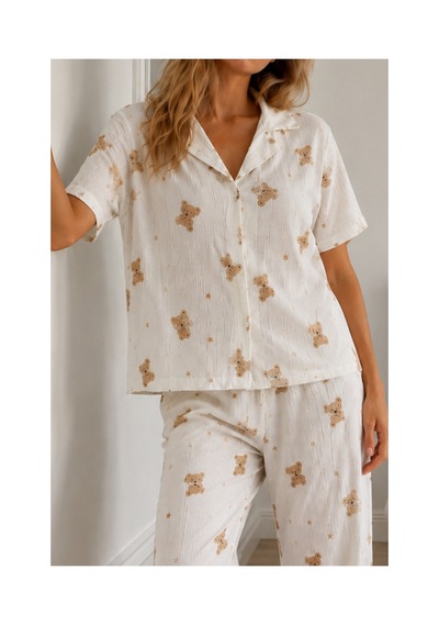 Fit Women Kadın Loose Kalıp Pamuklu Kırık Beyaz Pijama Takımı