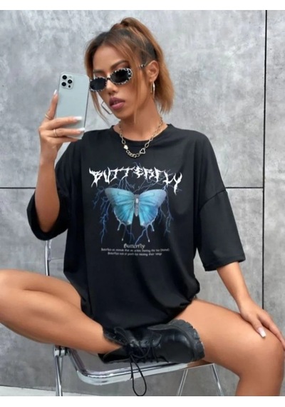 Kadın Kelebek Baskılı Oversize Kısa Kol T-shirt - Siyah Siyah
