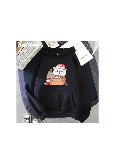 Tarzsokak Siyah Şeftali Ve Goma Mochi Kedi Hoodie Streetweed Noel Baskılı Kawaii
