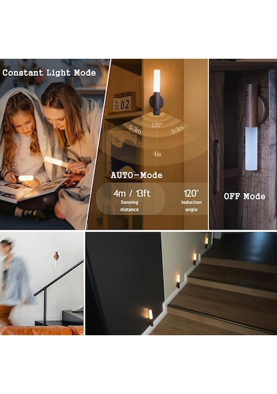 Led Hareket Sensörlü Işık, Ahşap Duvar Lambası, Akü Merdiveni, Usb Şarj Edilebilir, Vintage İç Duvar Lambası, Diğer