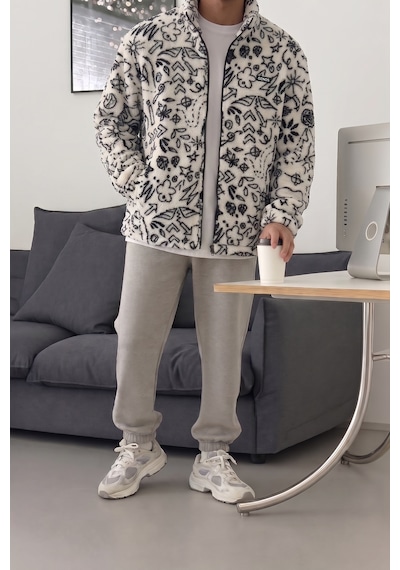 Genius Store Oversize Peluş Tam Fermuarlı Sweatshirt Peluş İçi Polarlı Sherpa Kumaş Sweatshirt Yıldız
