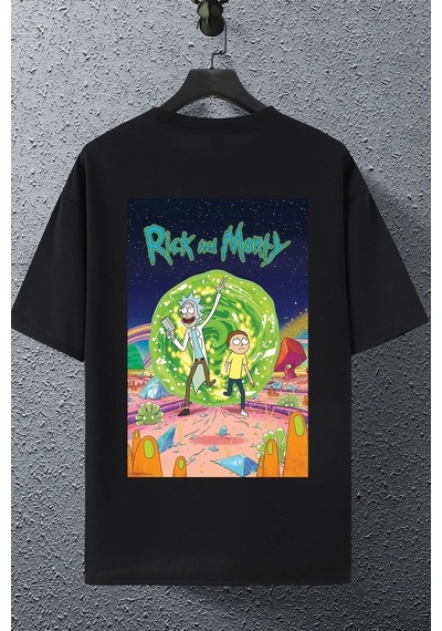 Unisex Rick And Morty Baskılı T-shirt Siyah