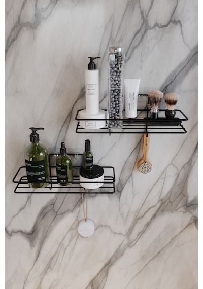 2li Set Banyo Düzenleyici Şampuanlık Mat Siyah Yapışkanlı 4 Askılı Duş Rafı Paslanmaz Organizer Siyah