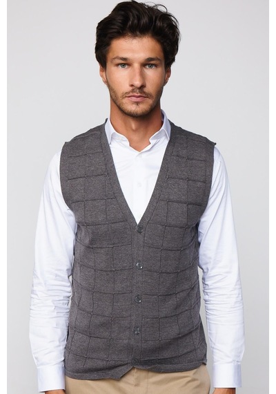 Tudors Slim Fit Kare Desenli Gri Erkek Yelek-29710-Gri