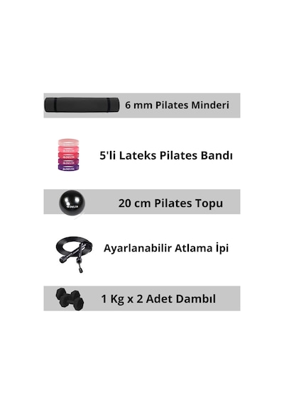 Pilates Egzersiz Seti 6 Mm Mat 5 Li Lateks Direnç Bandı 20 Cm Top Atlama İpi 1 Kg X2 Dambıl Siyah