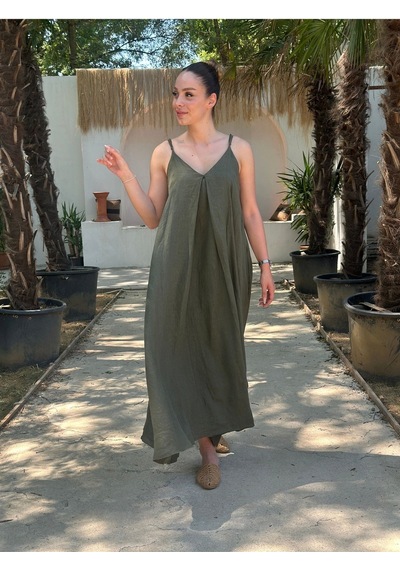Yazlık Keten Askılı Oversize Elbise Yeşil