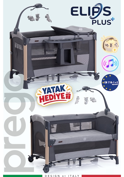 Prego Elips Plus Anne Yanı Park Yatak Oyun Parkı Sallanır Beşik Kolay Katlanır Aliminyum Kasa + Yatak Hediyeli