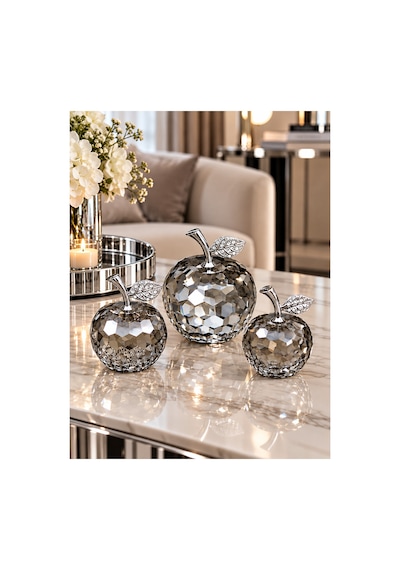 Modern 3 Lü Kristal Özel Kutulu Elma Model Süs Eşyası Obje Ev Aksesuar Gümüş