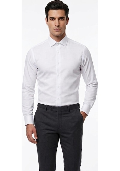 UKİ Uki Beyaz Saten Slim Fit Klasik Gömlek