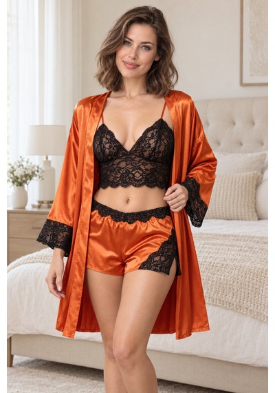 Loule Kadın Amber Dantelli Bralet Şort Kimono Sabahlık 3 Parça Karamel