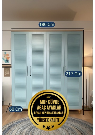 Mavi 4 Kapaklı Dolap Su Yeşili Renk Mdf Gürgen Ağacı Ayaklar Diğer