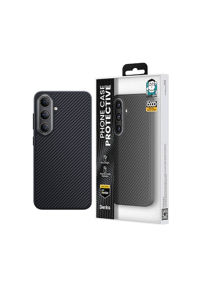 Galaxy S25 Plus Kılıf Karbon Fiber M-safe Şarj Uyumlu Benks Hybrid Armorpro 600d Kevlar Kapak Siyah