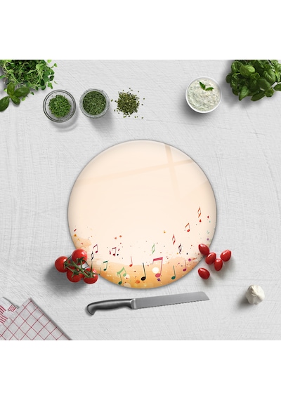 Cam Kesme Tahtası - Cam Kesme Tablası Renkli Notalar Çap32cm