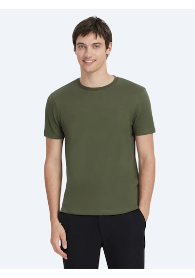Kip Haki Düz Bisiklet Yaka %100 Pamuk T-shirt Haki