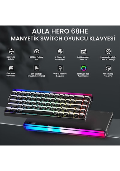 Aula Hero 68 He Manyetik Klavye Rapid Trigger Jade King Switch 8000hz Rgb Neon Tkl Hot Swap Oyuncu Klavyesi Siyah