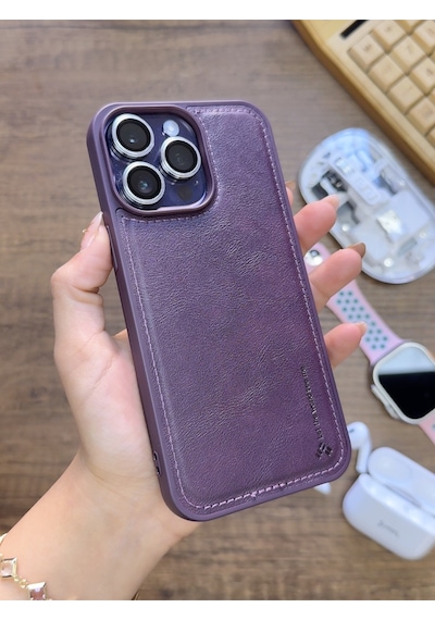 Apple iPhone 14 Pro Max Uyumlu Premium Deri Dokulu Darbelere Karşı Dayanıklı Nazal Silikon Kılıf Mor
