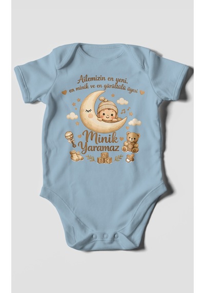 Morivokids Ailemizin En Yeni Yazılı Kısa Kollu Bebek Body %100 Pamuk Bebe Mavisi