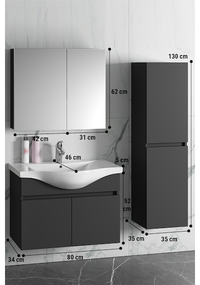 Yıldız 80+35 Cm Antrasit Gri Mdf Sepetli Asma Banyo Dolabı Takımı Antrasit - Gri