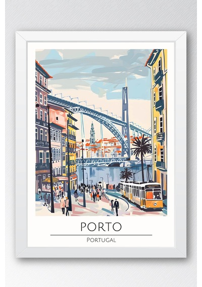 Portekiz Porto Temalı Çerçeveli Tablo Travel Serisi Modern İllüstrasyon Şehir Duvar Dekoru Beyaz