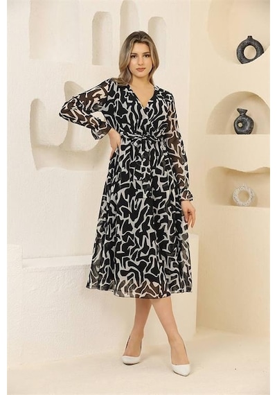 Dip Moda Kadın Midi Boy Desenli Şifon Elbise Dprssn32 Siyah