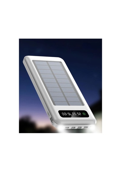 10000 Mah Powerbank Göstergeli Powerbank Solar Powerbank Güneş Enerjili Fenerli 4 Çıkışlı Beyaz