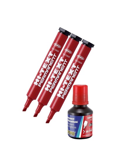 Hi-text Kesik Uçlu Markör Permanent Kalem 3 Adet ve Brons Mürekkep Kırmızı 30 ML