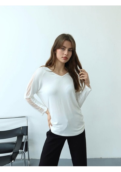 Mirve Butik Kolları Tül, Sırtı Parlak Taşlı Bluz Beyaz