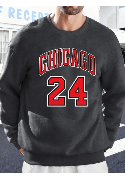 Startmore Tarzsokak Chicago Number 24 Letter Baskılı Erkek Kazakları Rahat Sokak Modası Polar Sweatshirt Yuvarlak Antrasit