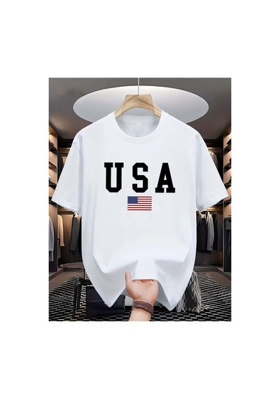 Caddemia Yaz Moda Rahat Bol Kesim Abd Amerikan Ulusal Bayrağı Grafik Yuvarlak Boyun Beyaz 2XL