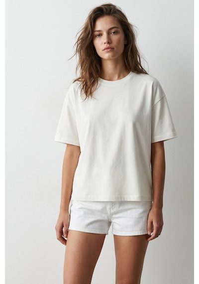 Elemge Pamuk Süprem Kadın Boxy Fit Ekru T-shirt Bol Kesim Düşük Omuzlu Bisiklet Yaka Krem Oversize Tişört
