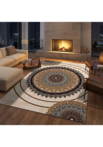 Kahverengi Bej Tonlarda Mandala Desenli Dijital Baskılı Kaymaz Tabanlı Halı Dijital Baskı Halı 7 Mm