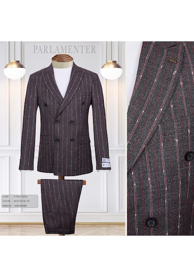 Fabıo Cassel Çizgili Kruvaze Erkek Takım Elbise Slim Fit Füme