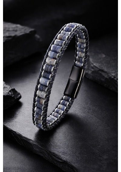 Erkek Doğal Lapis Lazuli Taşlı Deri Kordon Erkek Künye Bileklik Mavi